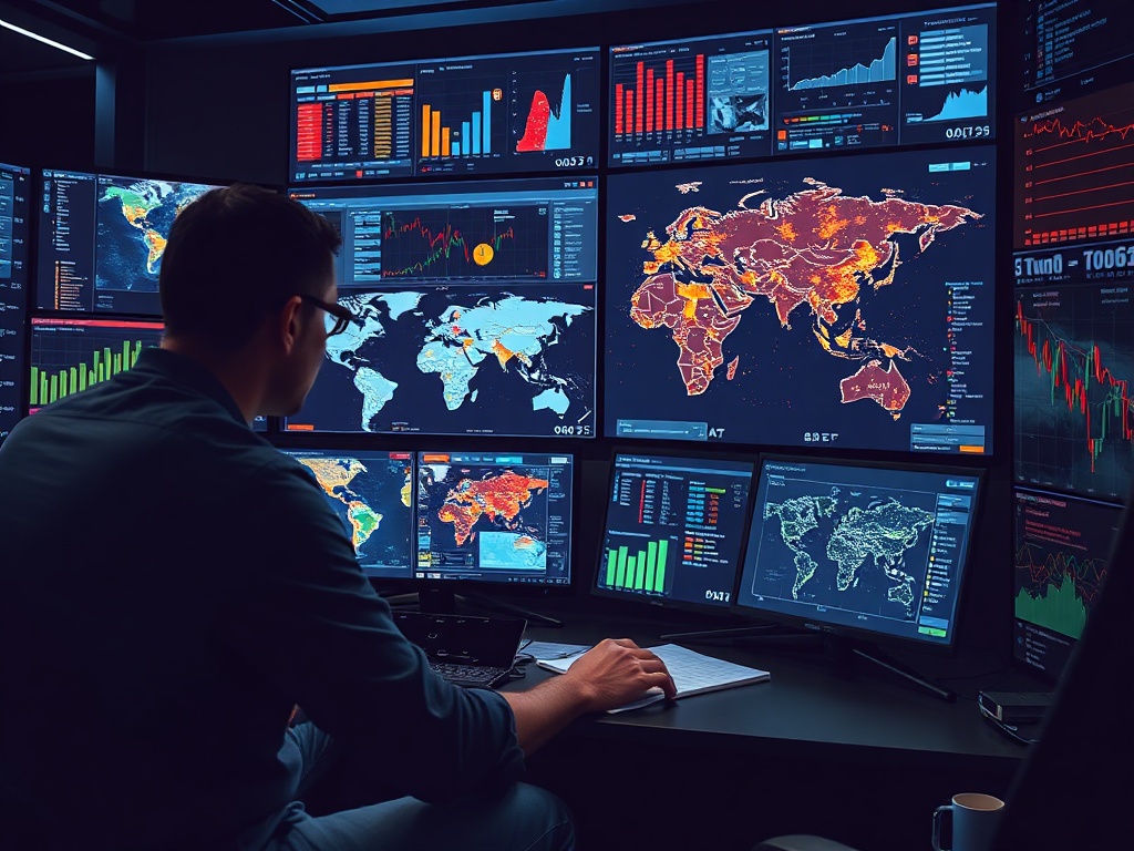 a strategist studying maps and data on multiple screens, analyzing global patterns and trends