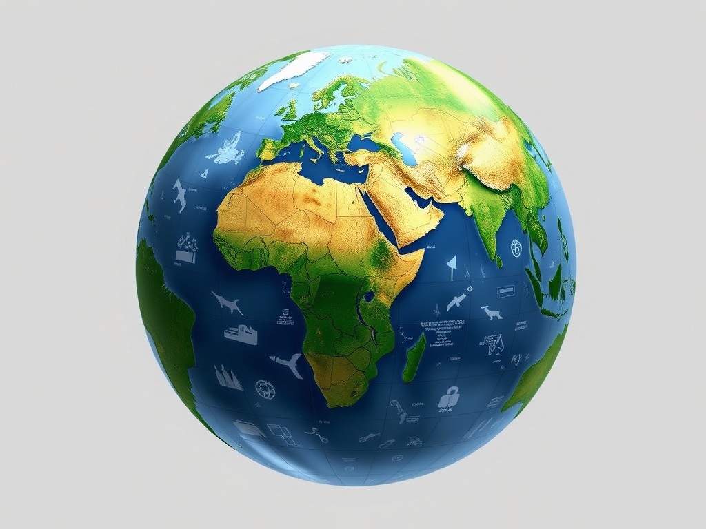 a symbolic globe with overlapping layers of economics, military, technology, and culture