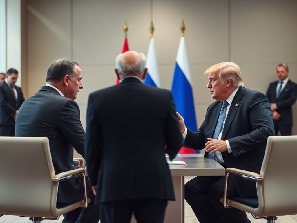 a tense diplomatic meeting between world leaders in a modern conference room, subtle body language and power dynamics