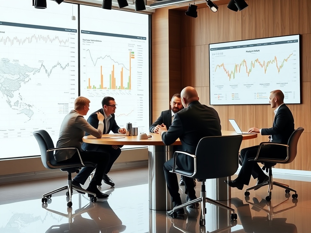 analysts debating around a table with conflicting forecasts and uncertain outcomes