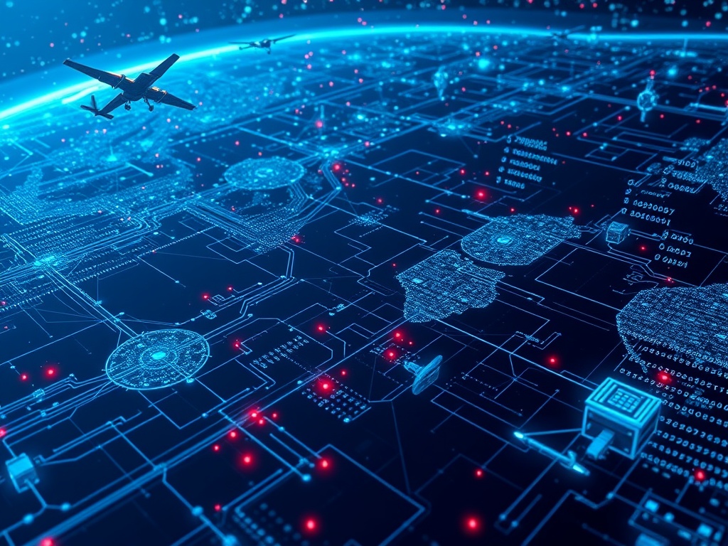 cybersecurity visualization with digital networks, satellites, and drones representing modern warfare