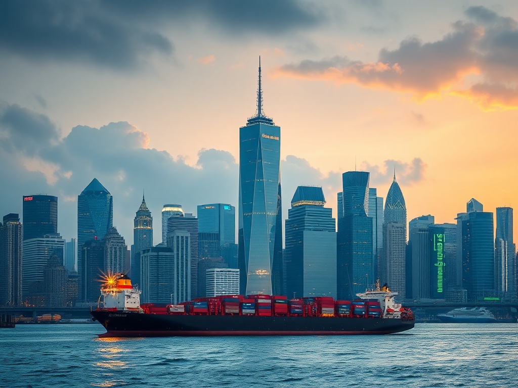 global financial district skyline with stock market data overlays and cargo ships representing global trade