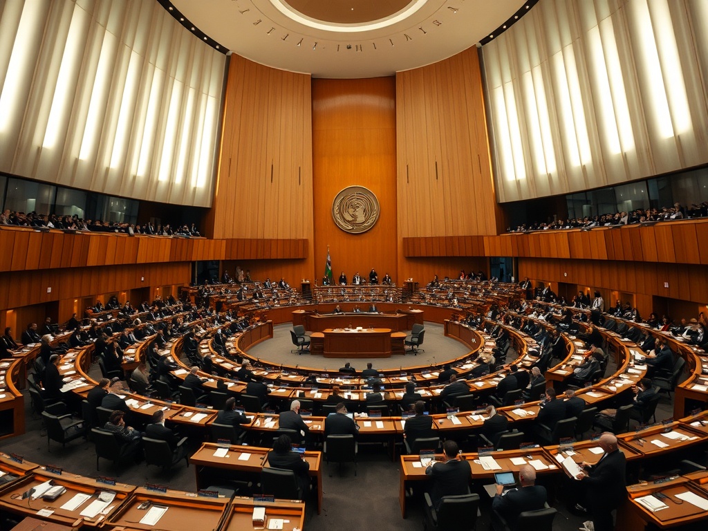 interior of an international organization assembly hall with delegates voting and debating