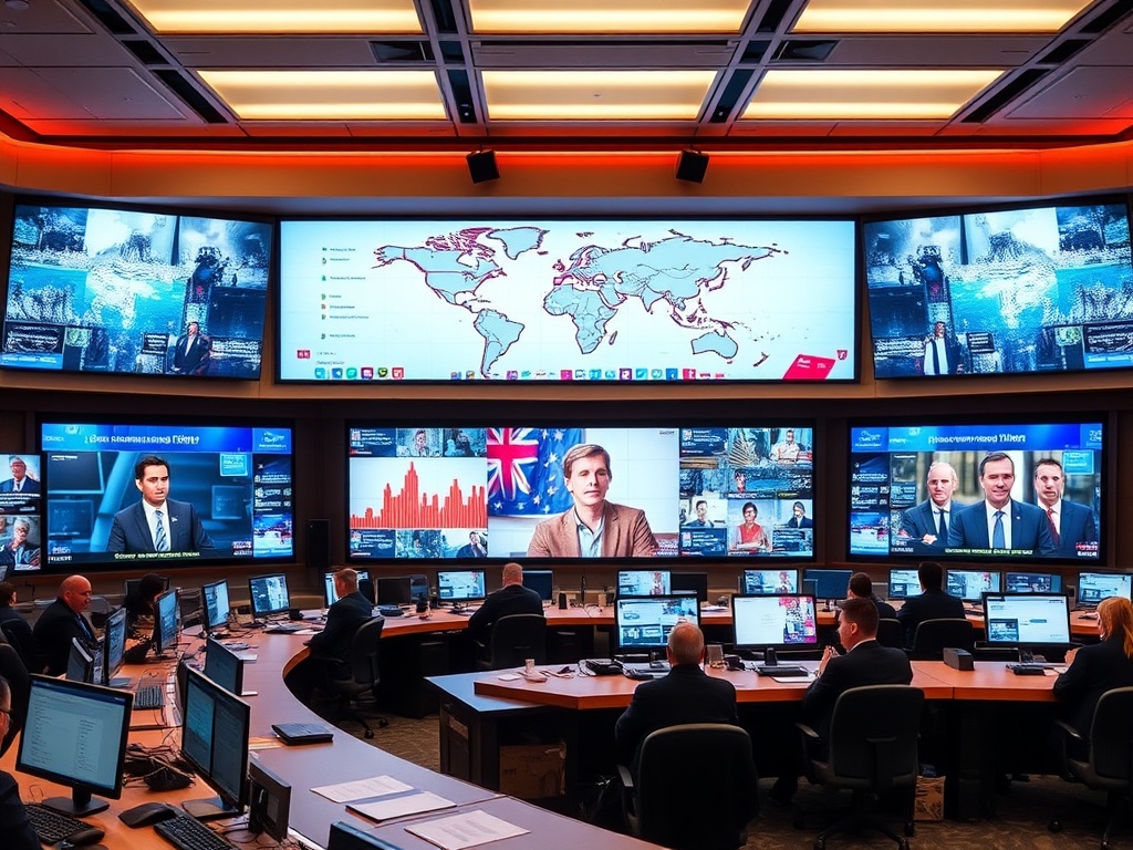 newsroom screens displaying global headlines and social media feeds shaping public perception