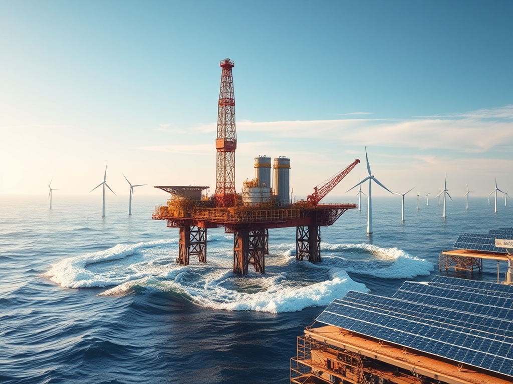 oil rigs, wind turbines, and solar farms illustrating the global competition for energy resources