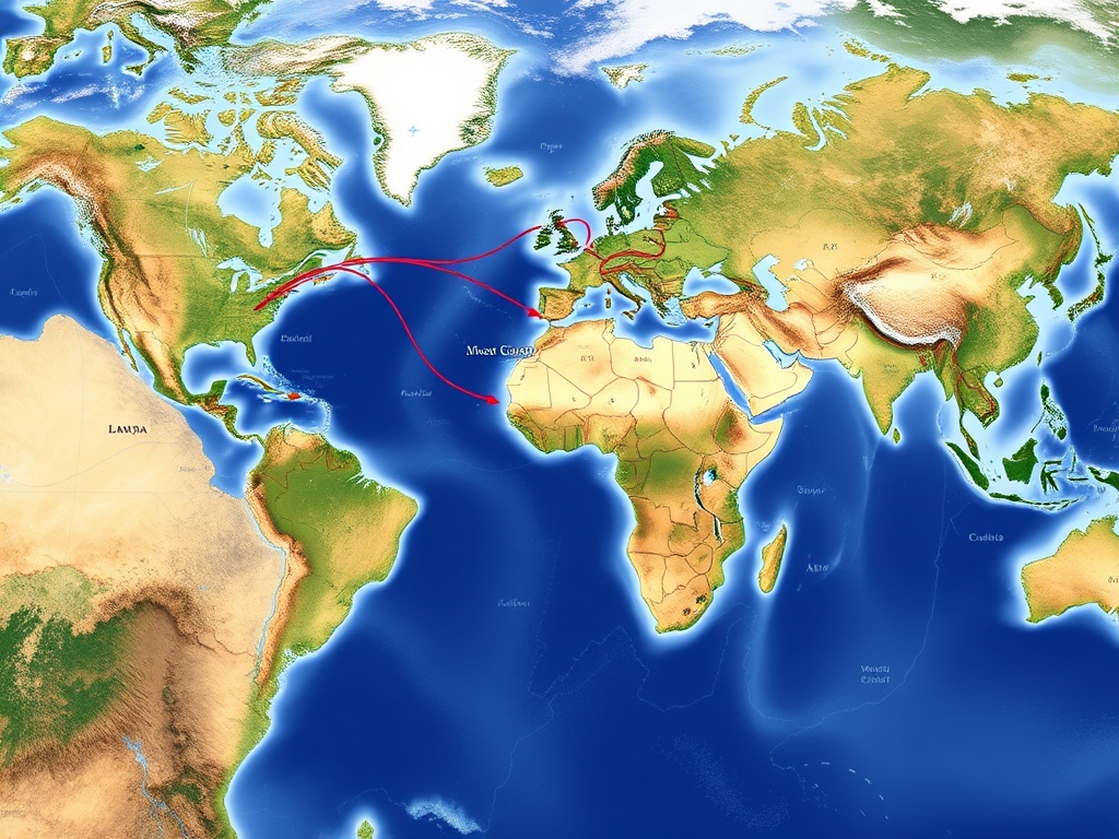 satellite-style world map highlighting trade routes, oceans, mountain ranges, and chokepoints like the Suez Canal