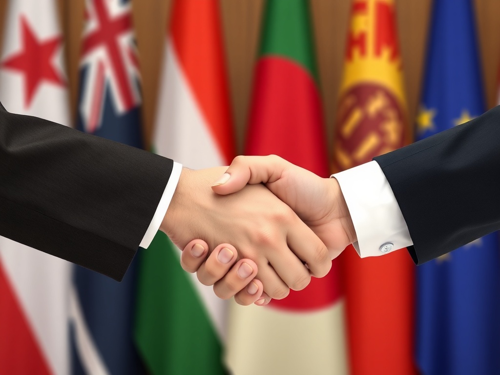 two hands shaking in front of national flags, symbolizing alliances that may shift over time