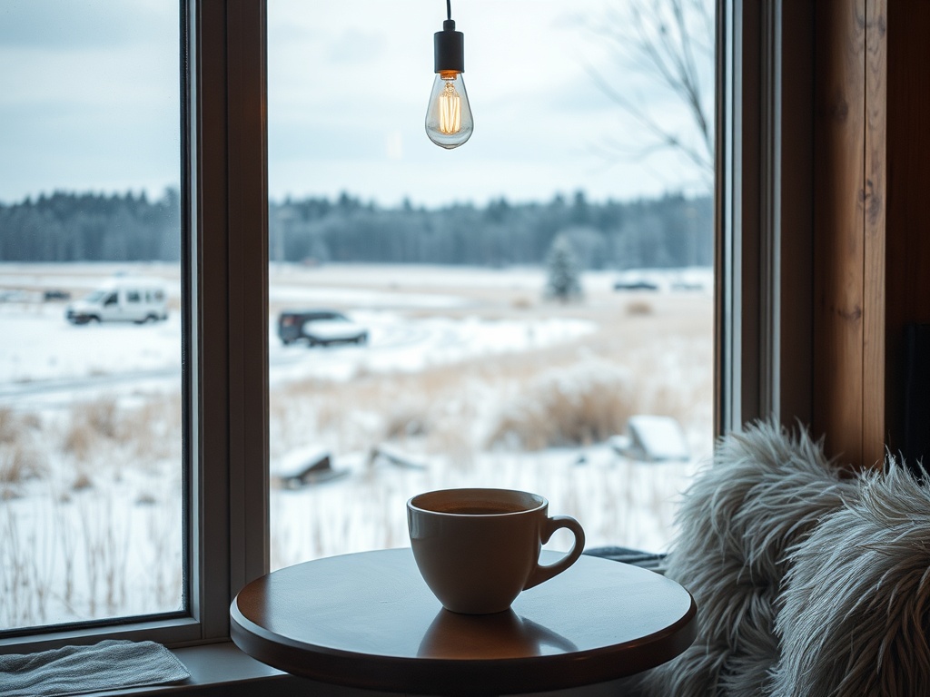 cozy prairie cafe interior warm lighting coffee cup window snow or fields outside