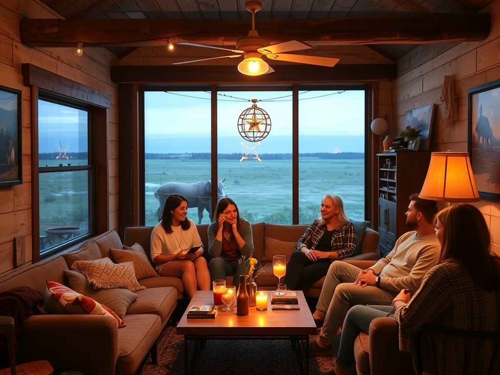 friends gathering cozy living room or small bar prairie town relaxed vibe