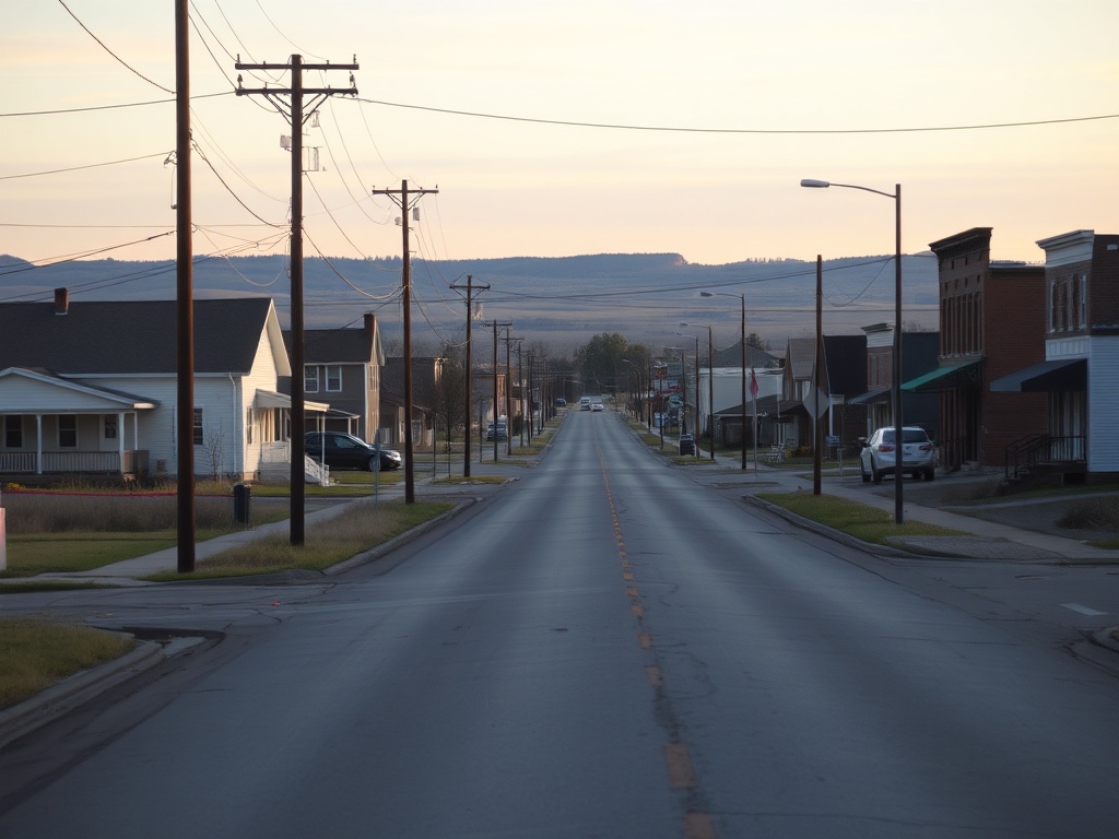 quiet afternoon prairie town empty street soft light calm ending