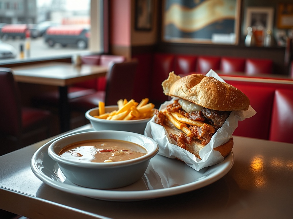 classic diner lunch plate soup sandwich fries small town canada realistic natural lighting