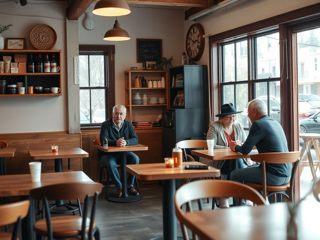 cozy small town coffee shop interior warm light wooden tables locals chatting candid lifestyle