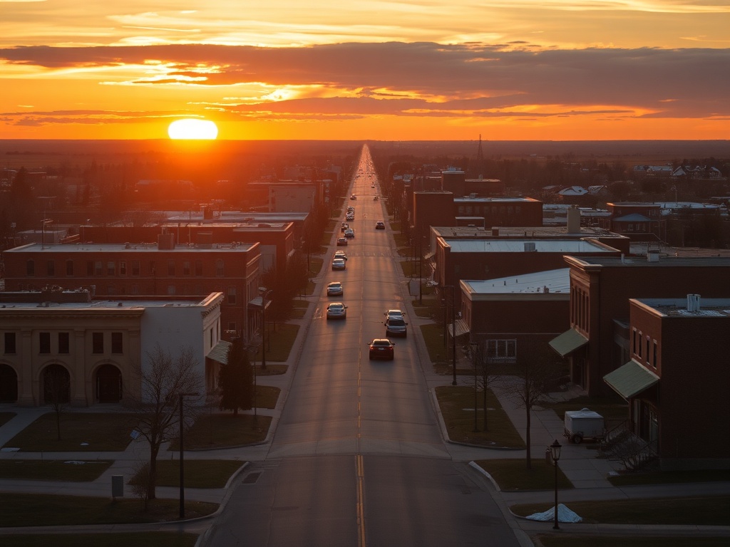 golden prairie sunrise over small town yorkton saskatchewan quiet streets soft light cinematic