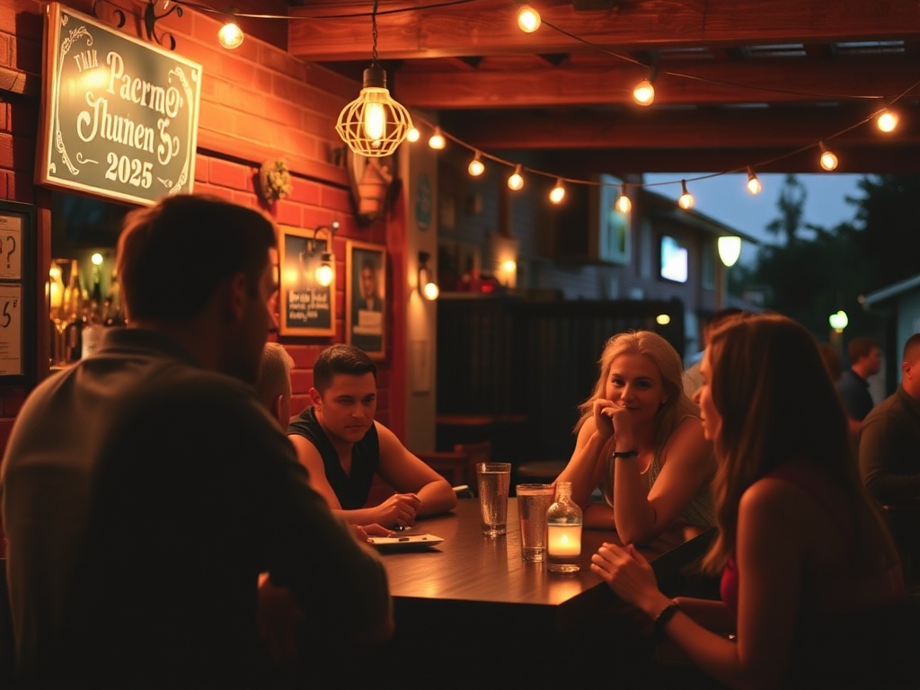 small town bar evening warm lighting people talking relaxed authentic candid scene